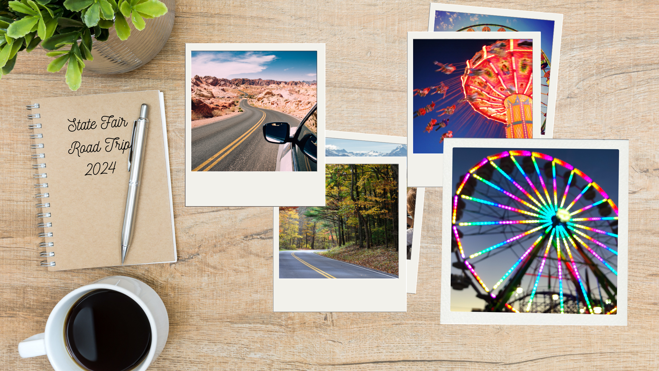 Desk with photos of roads ferris wheel fair rides